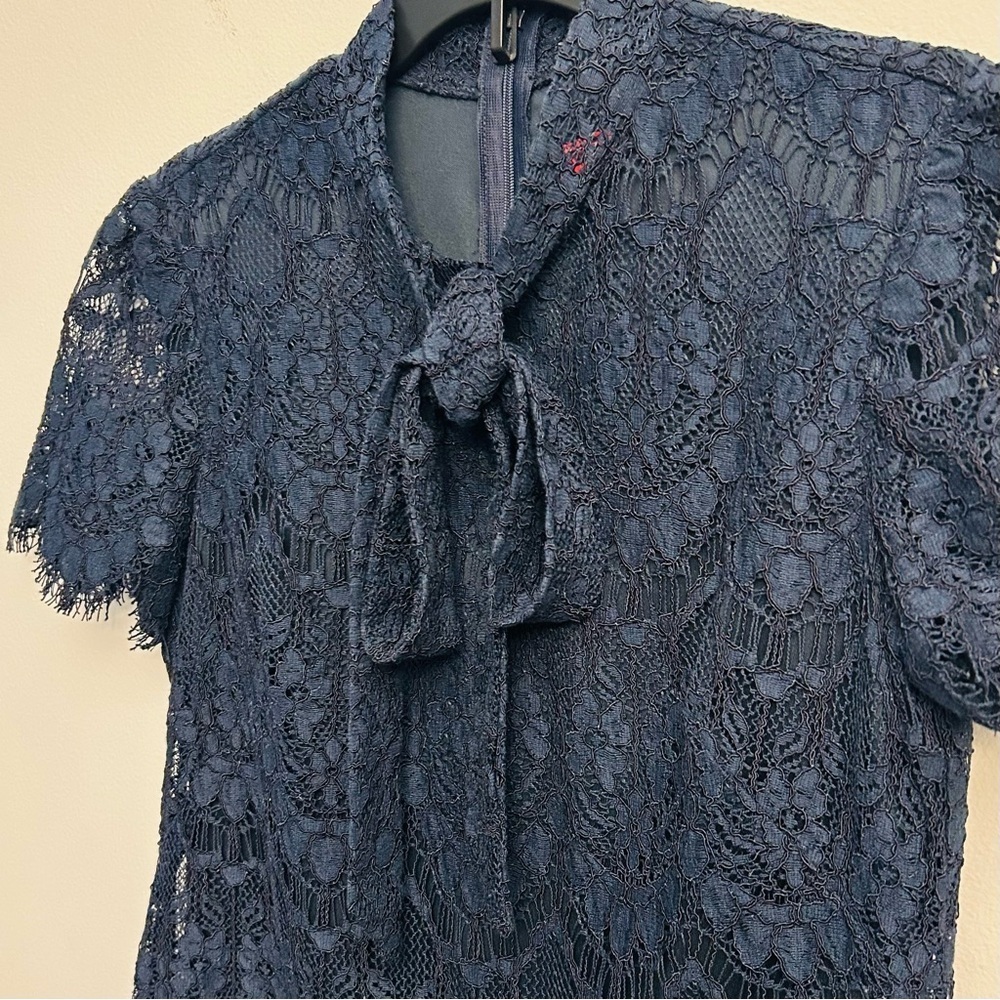 Betsey Johnson Navy Blue Lace Dress Tie Neck Size 0 - Picture 7 of 15